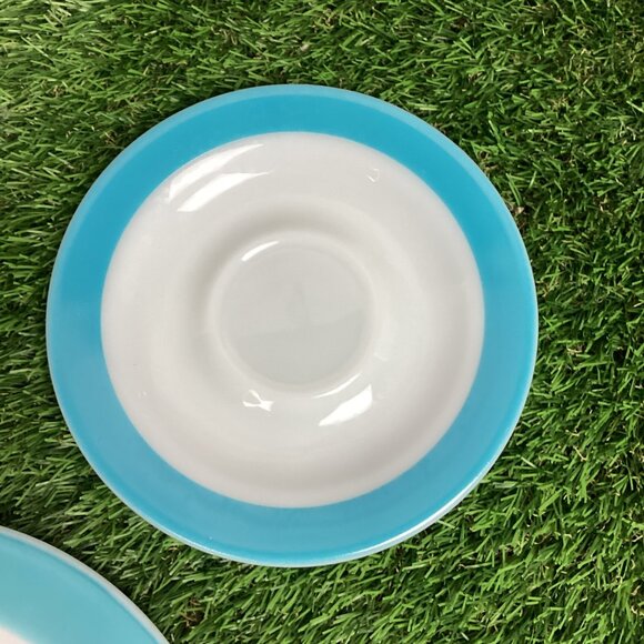 Vintage PYREX Turquoise Aqua Wide Rim Stripe Saucer Plates Set - Picture 4 of 9